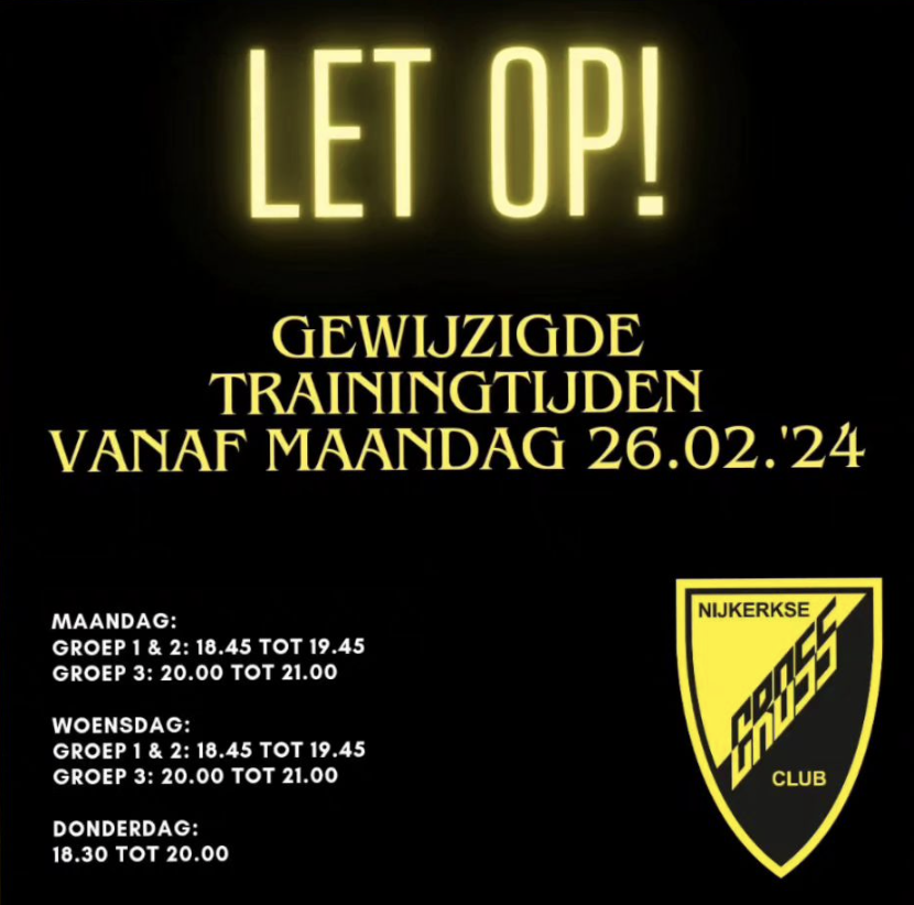 Vanaf 26 februari gewijzigde trainingstijden